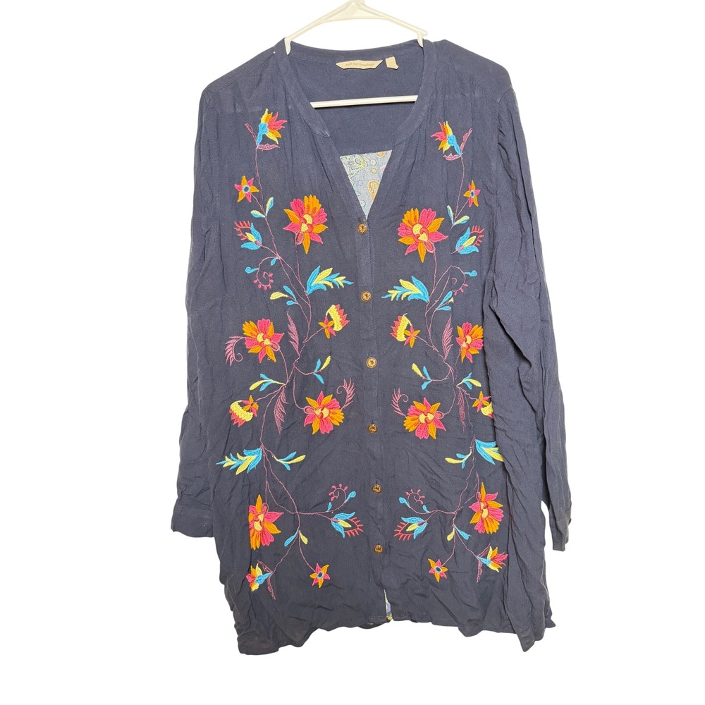 Soft Surroundings Embroidered Paisley Mixed Media Tunic Top Blue 1X 5FJ39